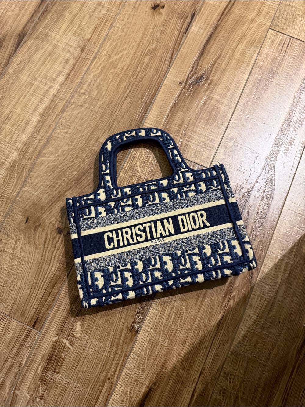 Dior Navy and Cream Mini Book Tote with CHRISTIAN DIOR Logo